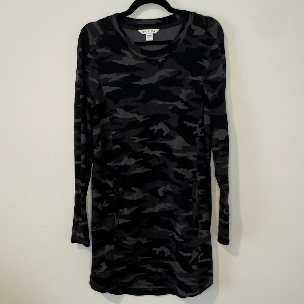 Athleta Black Camo Long Sleeve Sweatshirt Dress Size Large |Stretch Lounge Tunic